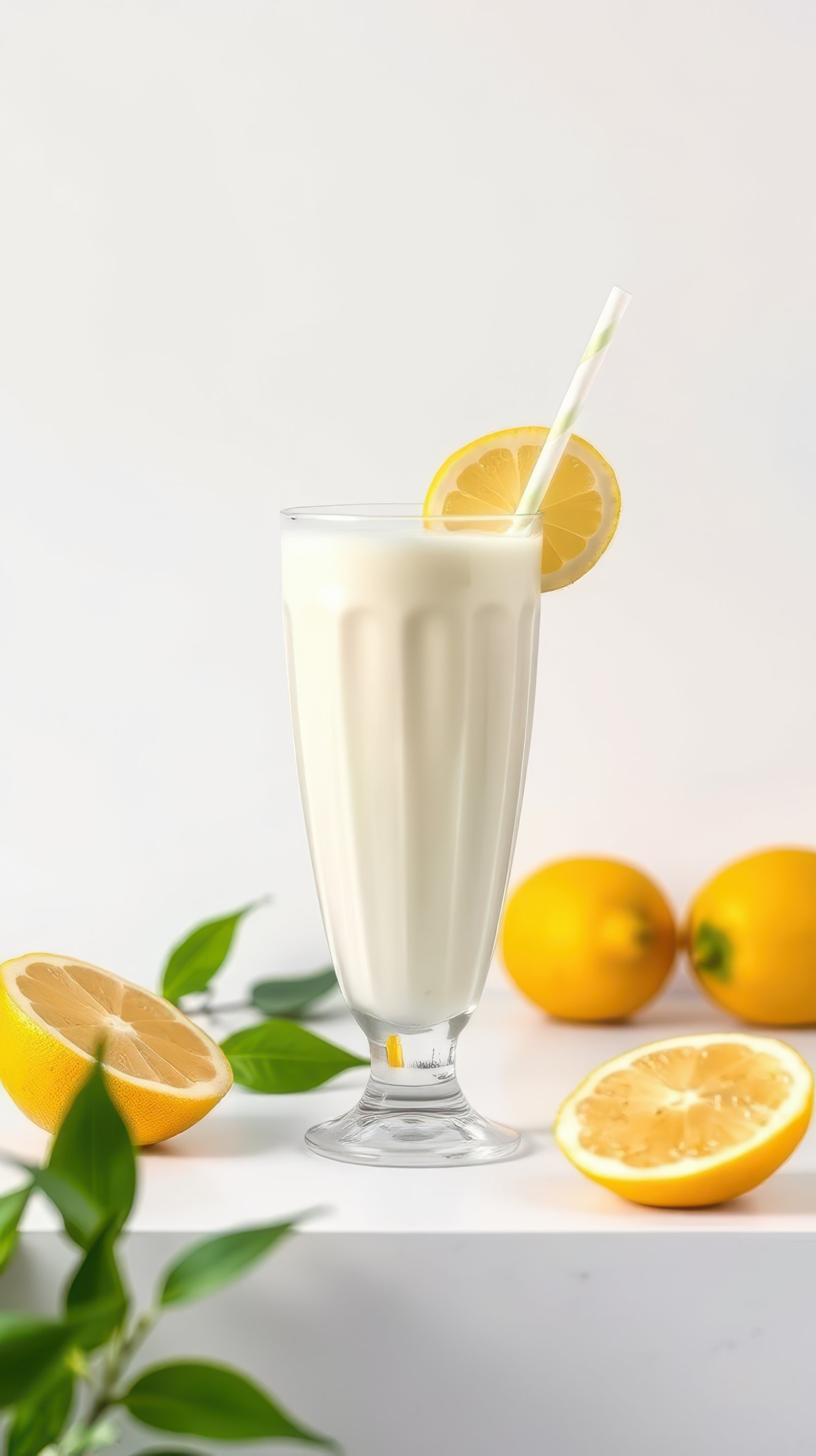 Creamy lemon milkshake with fresh lemon slices and vibrant lemons on a white background